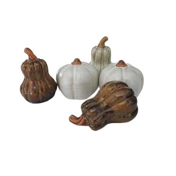Small Ceramic Gourds Pumpkins Set of 5 Neutral Colors Glaze - Picture 1 of 7